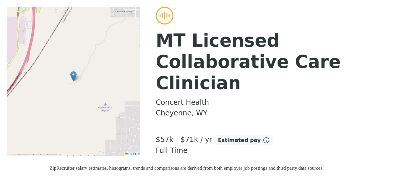 Concert Health job posting for a MT Licensed Collaborative Care Clinician in Cheyenne, WY with a salary of $57,000 to $71,000 Yearly with a map of Cheyenne location.
