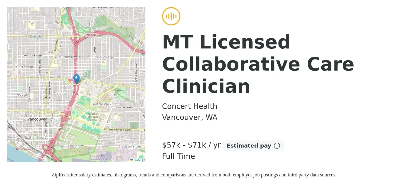 Concert Health job posting for a MT Licensed Collaborative Care Clinician in Vancouver, WA with a salary of $57,000 to $71,000 Yearly with a map of Vancouver location.