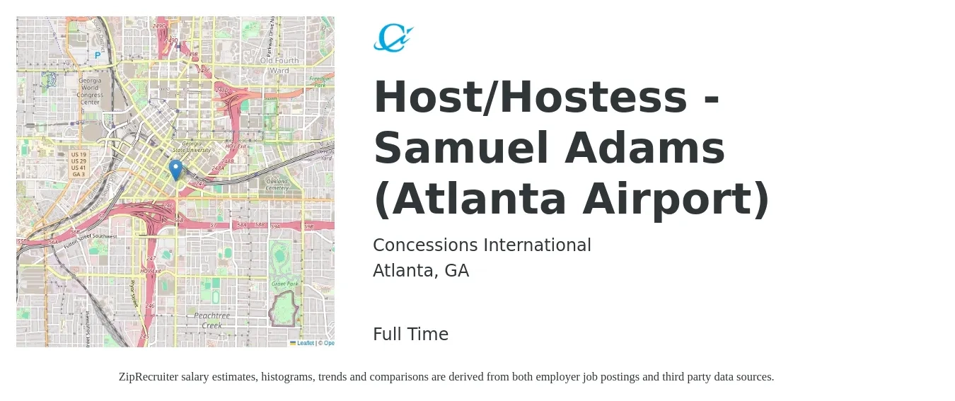 Concessions International job posting for a Host/Hostess - Samuel Adams (Atlanta Airport) in Atlanta, GA with a salary of $12 to $16 Hourly with a map of Atlanta location.