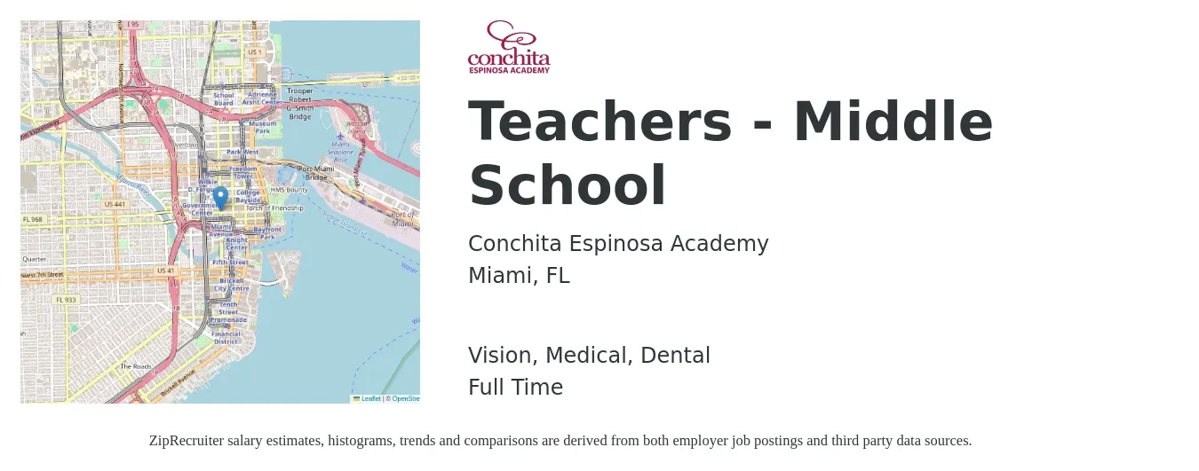 Conchita Espinosa Academy job posting for a Teachers - Middle School in Miami, FL with a salary of $43,000 to $59,300 Yearly and benefits including medical, pto, retirement, vision, dental, and life_insurance with a map of Miami location.