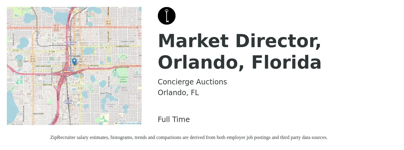 Concierge Auctions job posting for a Market Director, Orlando, Florida in Orlando, FL with a salary of $59,300 to $106,900 Yearly with a map of Orlando location.