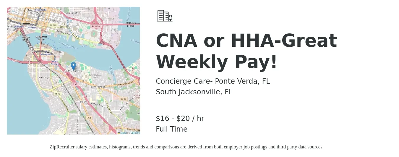 Concierge Care- Ponte Verda, FL job posting for a CNA or HHA-Great Weekly Pay! in South Jacksonville, FL with a salary of $17 to $21 Hourly with a map of South Jacksonville location.