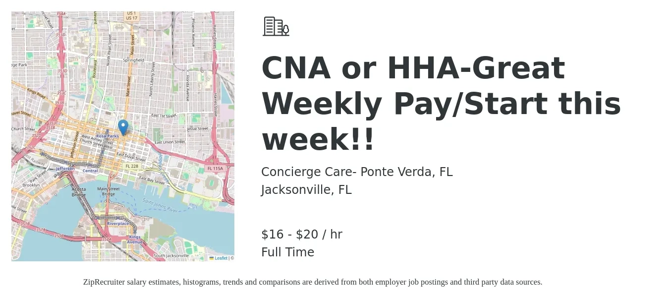 Concierge Care- Ponte Verda, FL job posting for a CNA or HHA-Great Weekly Pay/Start this week!! in Jacksonville, FL with a salary of $17 to $21 Hourly with a map of Jacksonville location.