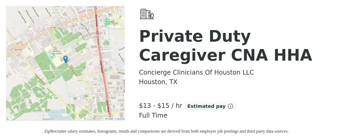Concierge Clinicians Of Houston LLC job posting for a Private Duty Caregiver CNA HHA in Houston, TX with a salary of $14 to $16 Hourly with a map of Houston location.