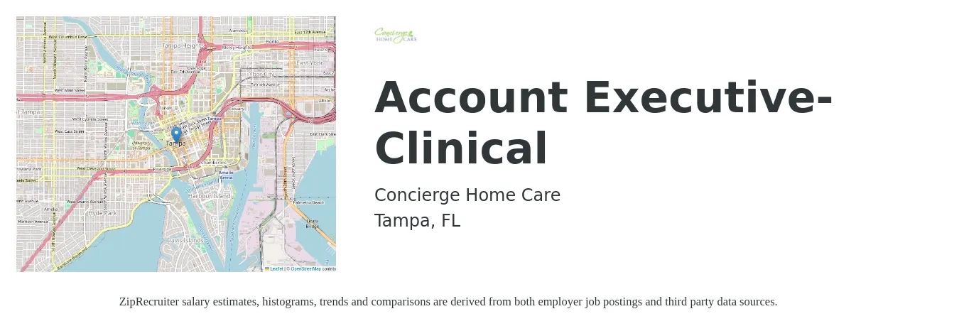 Concierge Home Care job posting for a Account Executive-Clinical in Tampa, FL with a salary of $75,000 to $85,000 Yearly with a map of Tampa location.