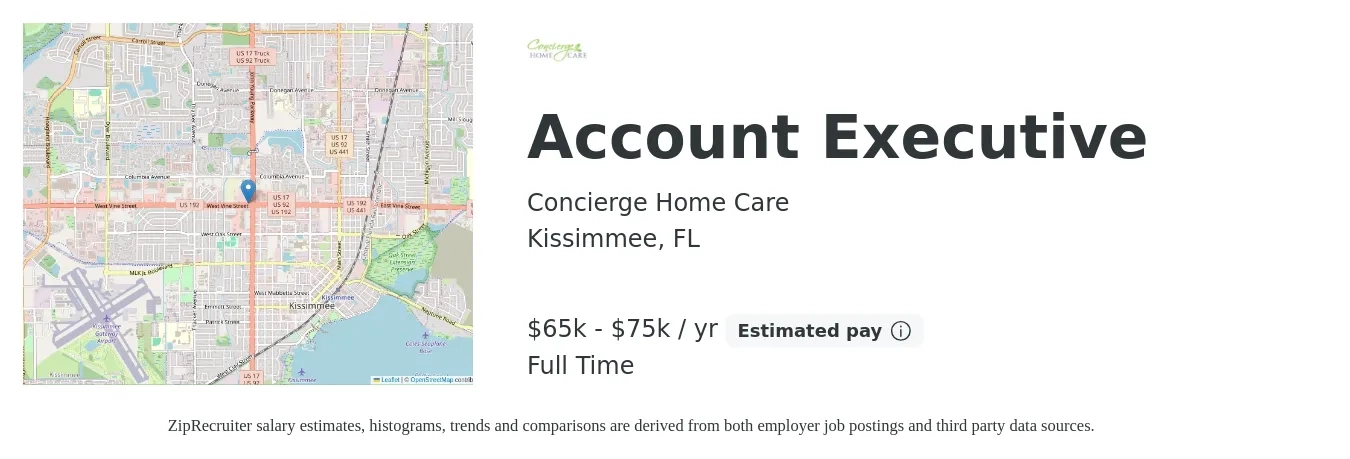 Concierge Home Care job posting for a Account Executive in Kissimmee, FL with a salary of $65,000 to $75,000 Yearly with a map of Kissimmee location.
