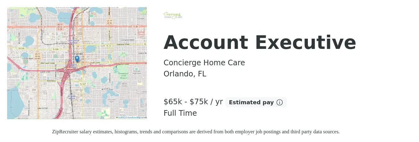 Concierge Home Care job posting for a Account Executive in Orlando, FL with a salary of $65,000 to $75,000 Yearly with a map of Orlando location.