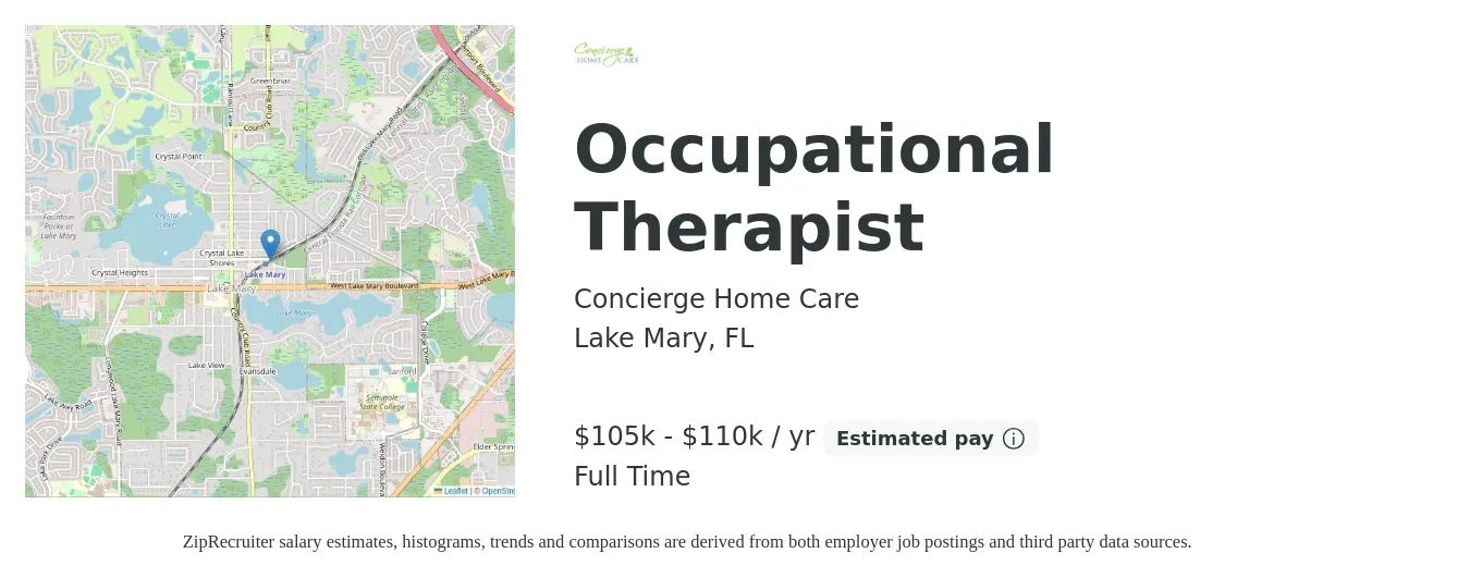Concierge Home Care job posting for a Occupational Therapist in Lake Mary, FL with a salary of $105,000 to $110,000 Yearly with a map of Lake Mary location.