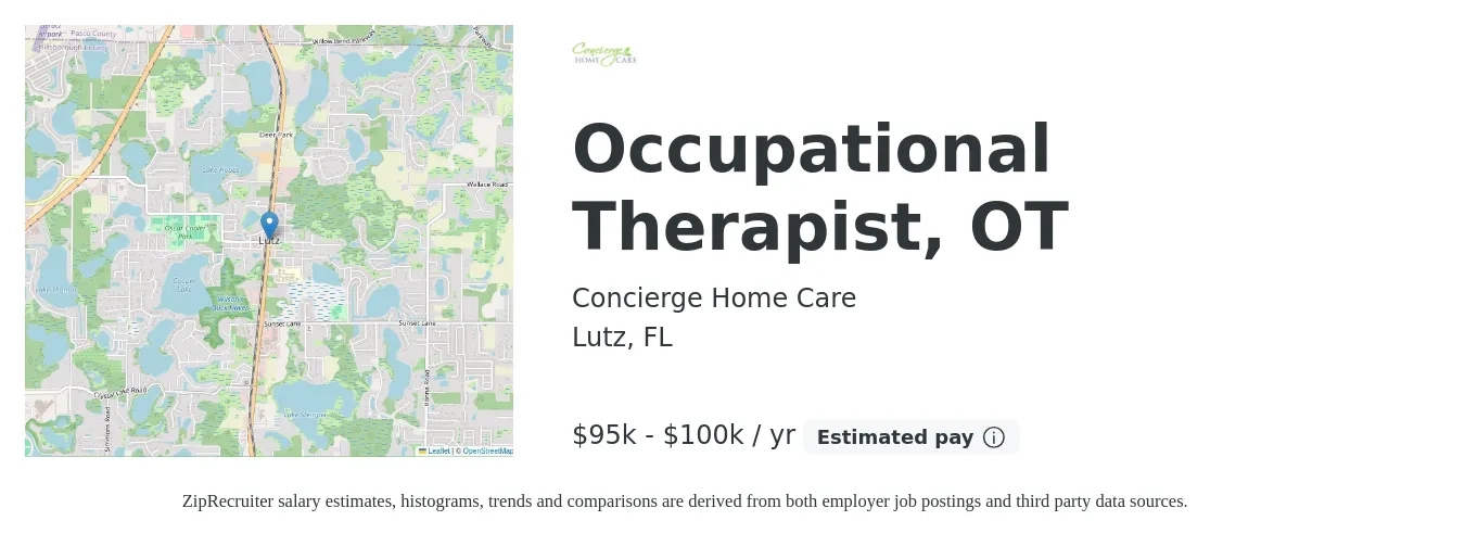 Concierge Home Care job posting for a Occupational Therapist, OT in Lutz, FL with a salary of $95,000 to $100,000 Yearly with a map of Lutz location.