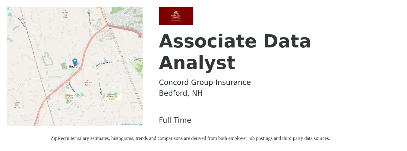 Concord Group Insurance job posting for a Associate Data Analyst in Bedford, NH with a salary of $61,600 to $95,600 Yearly with a map of Bedford location.