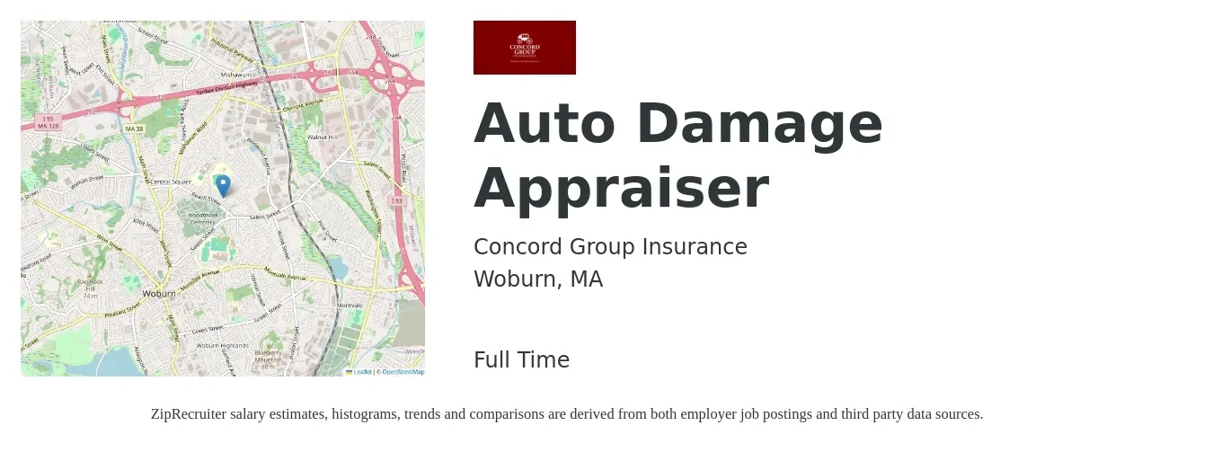Concord Group Insurance job posting for a Auto Damage Appraiser in Woburn, MA with a salary of $62,400 to $83,100 Yearly with a map of Woburn location.