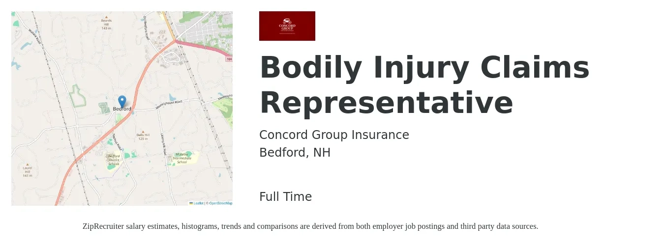 Concord Group Insurance job posting for a Bodily Injury Claims Representative in Bedford, NH with a salary of $19 to $28 Hourly with a map of Bedford location.