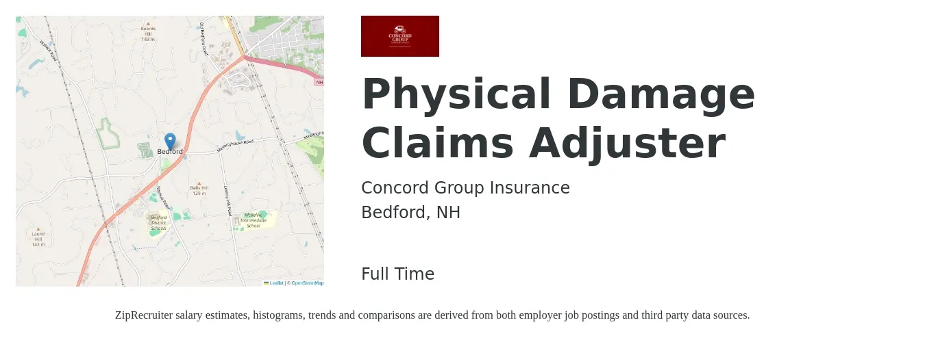 Concord Group Insurance job posting for a Physical Damage Claims Adjuster in Bedford, NH with a salary of $50,300 to $74,400 Yearly with a map of Bedford location.