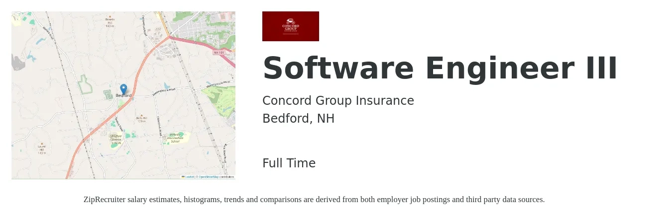 Concord Group Insurance job posting for a Software Engineer III in Bedford, NH with a salary of $57 to $76 Hourly with a map of Bedford location.
