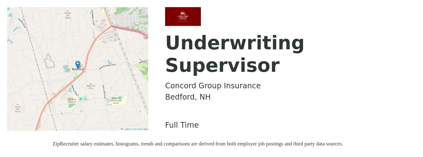 Concord Group Insurance job posting for a Underwriting Supervisor in Bedford, NH with a salary of $75,900 to $119,300 Yearly with a map of Bedford location.