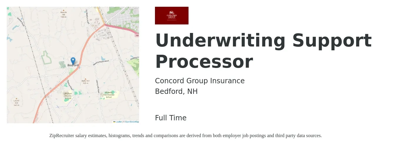 Concord Group Insurance job posting for a Underwriting Support Processor in Bedford, NH with a salary of $14 to $20 Hourly with a map of Bedford location.