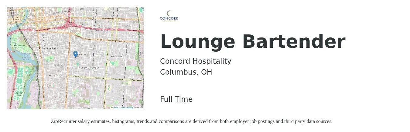 Concord Hospitality job posting for a Lounge Bartender in Columbus, OH with a salary of $10 to $18 Hourly with a map of Columbus location.