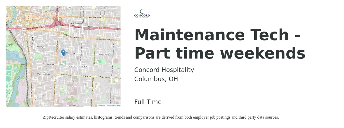Concord Hospitality job posting for a Maintenance Tech - Part time weekends in Columbus, OH with a salary of $18 to $26 Hourly with a map of Columbus location.