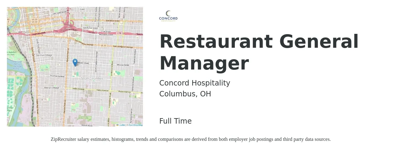 Concord Hospitality job posting for a Restaurant General Manager in Columbus, OH with a salary of $51,000 to $70,300 Yearly with a map of Columbus location.