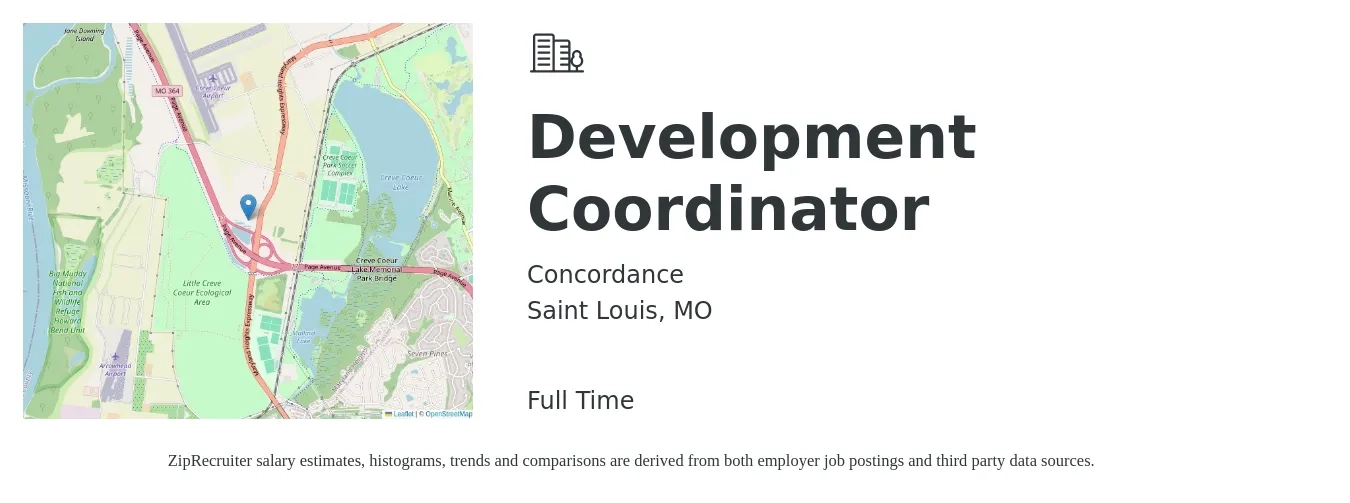 Concordance job posting for a Development Coordinator in Saint Louis, MO with a salary of $42,300 to $56,900 Yearly with a map of Saint Louis location.