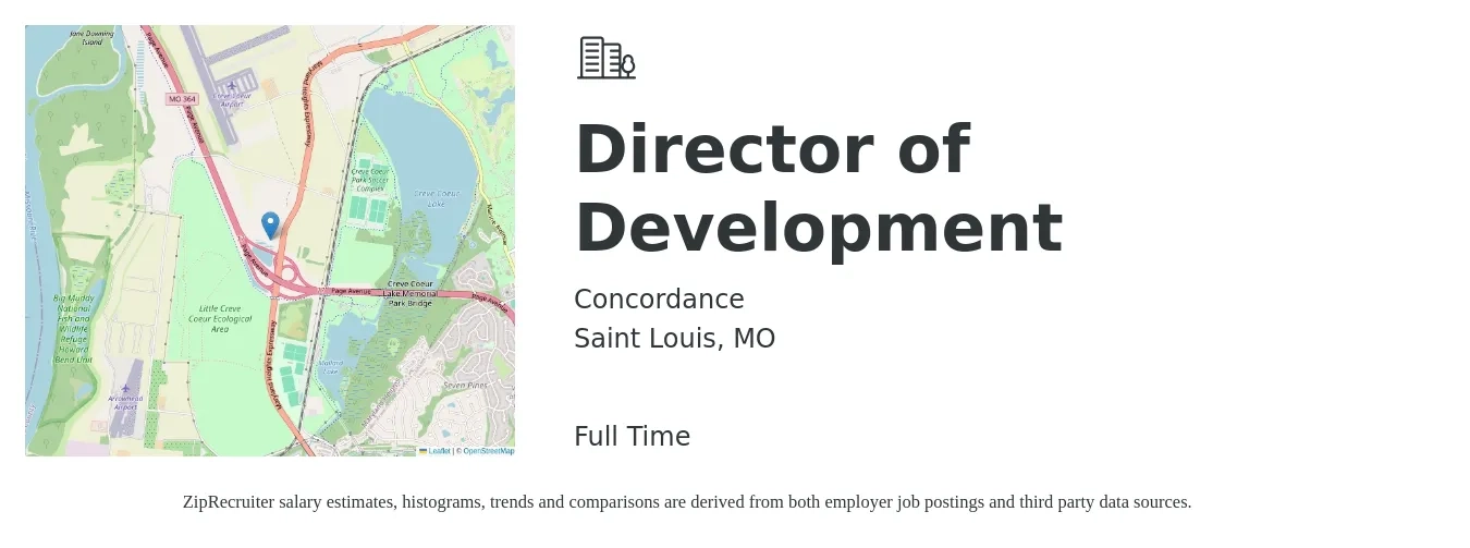 Concordance job posting for a Director of Development in Saint Louis, MO with a salary of $68,100 to $105,500 Yearly with a map of Saint Louis location.