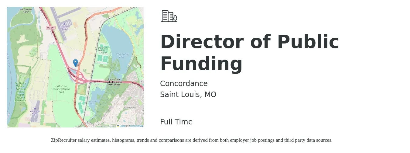 Concordance job posting for a Director of Public Funding in Saint Louis, MO with a salary of $104,500 to $157,500 Yearly with a map of Saint Louis location.