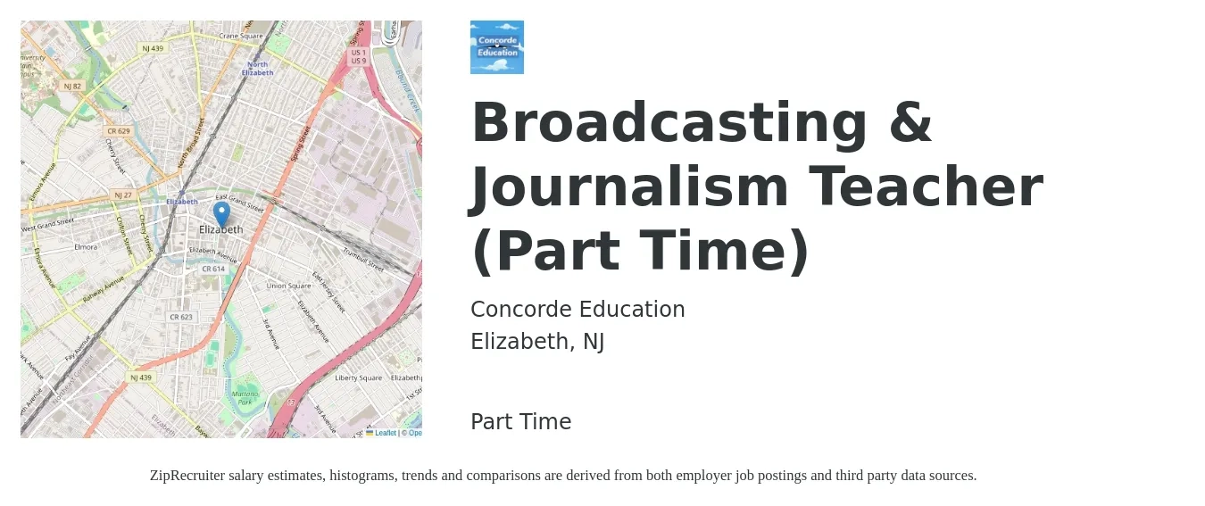 Concorde Education job posting for a Broadcasting & Journalism Teacher (Part Time) in Elizabeth, NJ with a salary of $46,300 to $61,400 Yearly with a map of Elizabeth location.