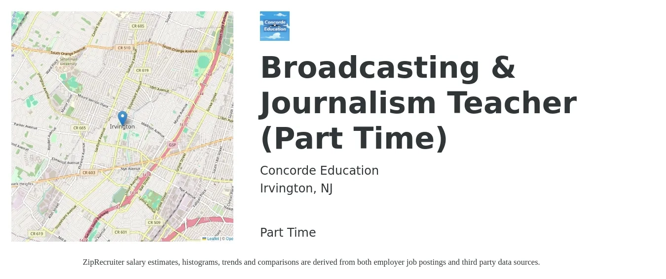 Concorde Education job posting for a Broadcasting & Journalism Teacher (Part Time) in Irvington, NJ with a salary of $46,900 to $62,200 Yearly with a map of Irvington location.