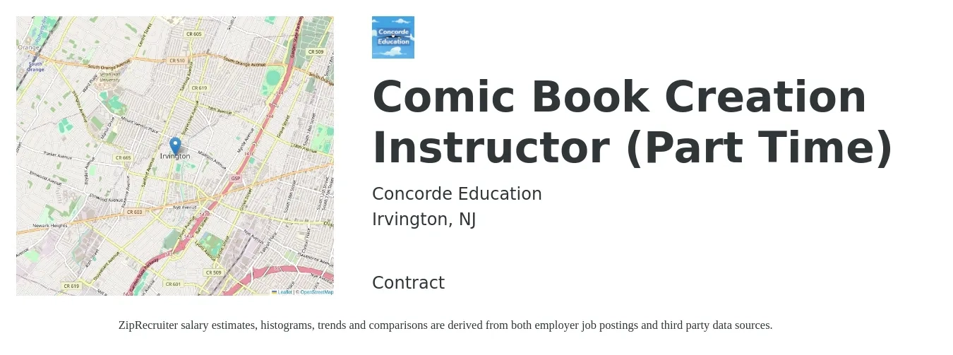 Concorde Education job posting for a Comic Book Creation Instructor (Part Time) in Irvington, NJ with a salary of $17 to $22 Hourly with a map of Irvington location.