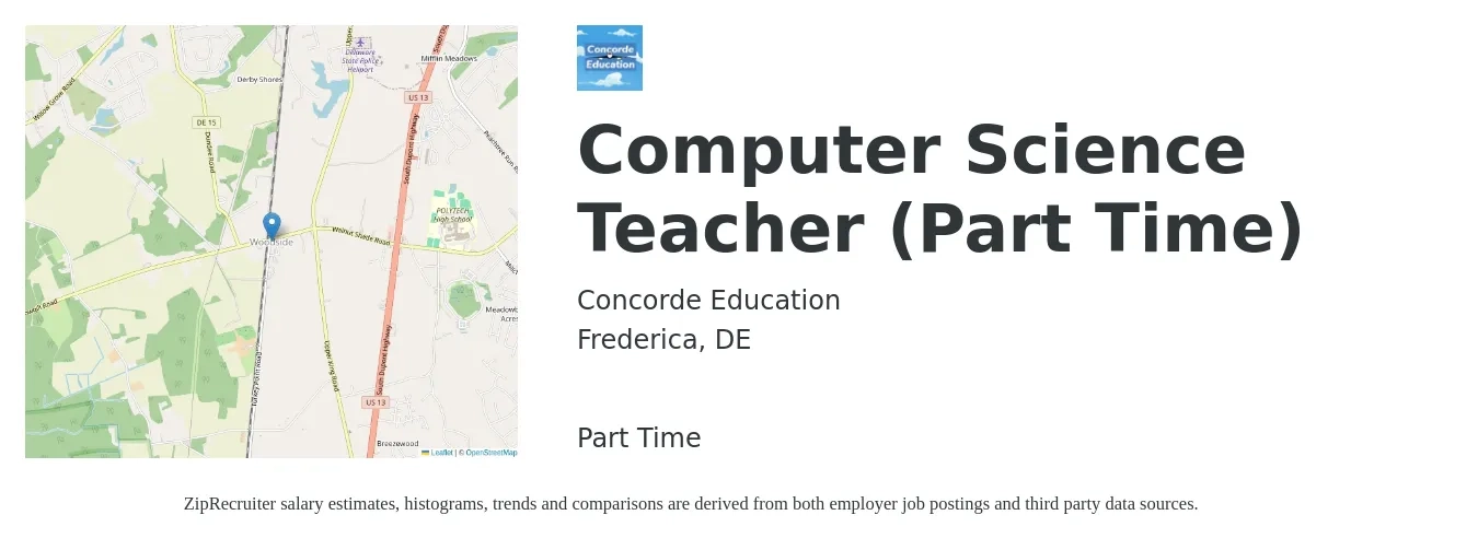 Concorde Education job posting for a Computer Science Teacher (Part Time) in Frederica, DE with a salary of $49,000 to $67,400 Yearly with a map of Frederica location.