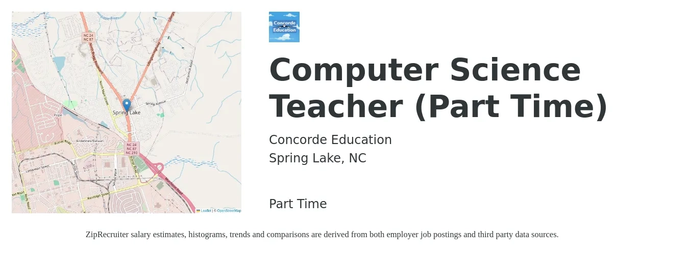 Concorde Education job posting for a Computer Science Teacher (Part Time) in Spring Lake, NC with a salary of $49,300 to $67,900 Yearly with a map of Spring Lake location.