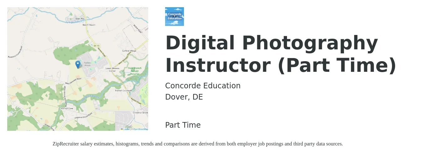 Concorde Education job posting for a Digital Photography Instructor (Part Time) in Dover, DE with a salary of $26 to $64 Hourly with a map of Dover location.