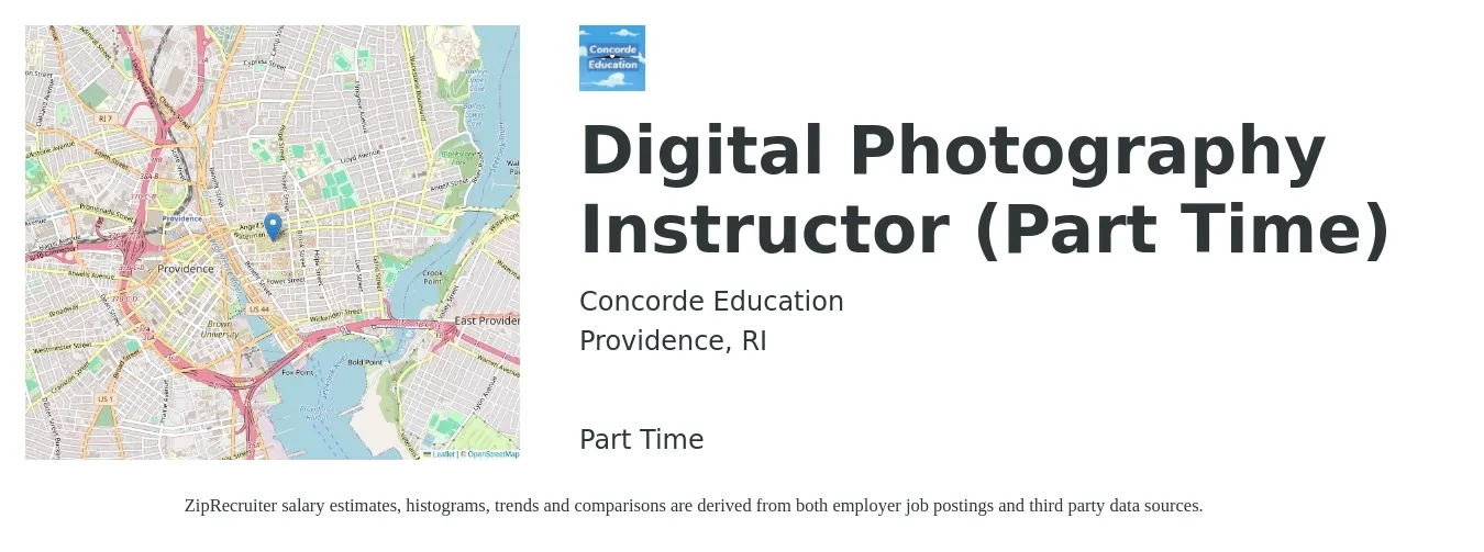 Concorde Education job posting for a Digital Photography Instructor (Part Time) in Providence, RI with a salary of $27 to $64 Hourly with a map of Providence location.