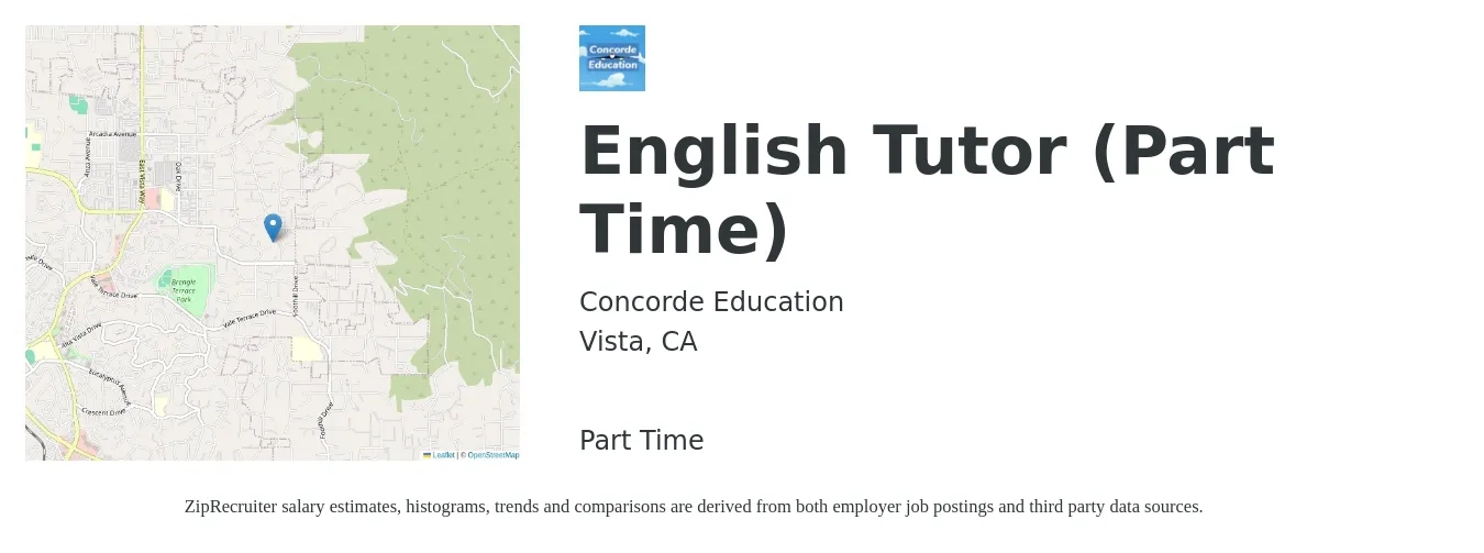 Concorde Education job posting for a English Tutor (Part Time) in Vista, CA with a salary of $15 to $42 Hourly with a map of Vista location.