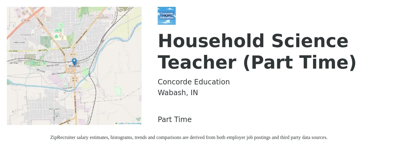 Concorde Education job posting for a Household Science Teacher (Part Time) in Wabash, IN with a salary of $44,600 to $57,600 Yearly with a map of Wabash location.