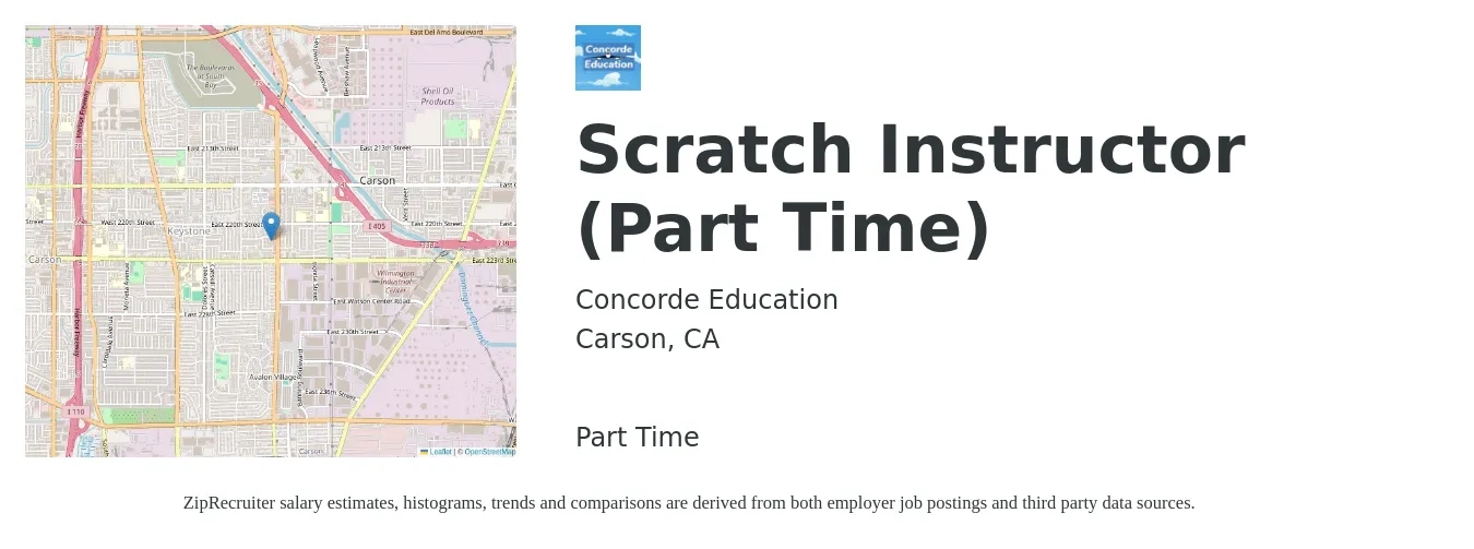Concorde Education job posting for a Scratch Instructor (Part Time) in Carson, CA with a salary of $26 Hourly with a map of Carson location.