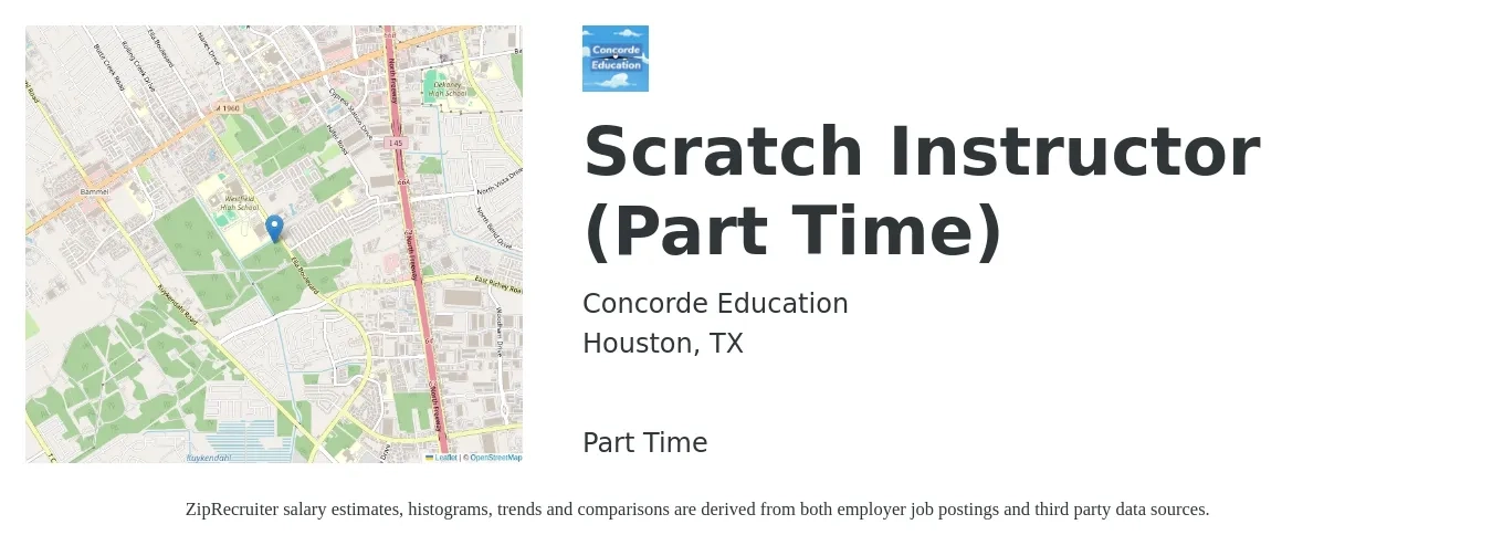 Concorde Education job posting for a Scratch Instructor (Part Time) in Houston, TX with a salary of $24 Hourly with a map of Houston location.
