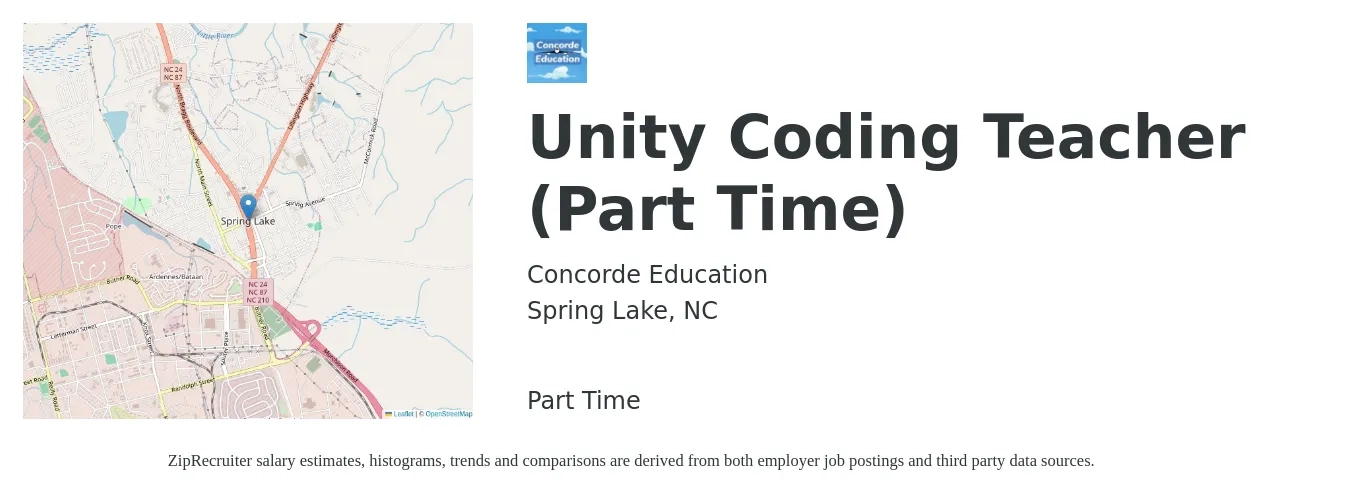 Concorde Education job posting for a Unity Coding Teacher (Part Time) in Spring Lake, NC with a salary of $26 to $30 Hourly with a map of Spring Lake location.