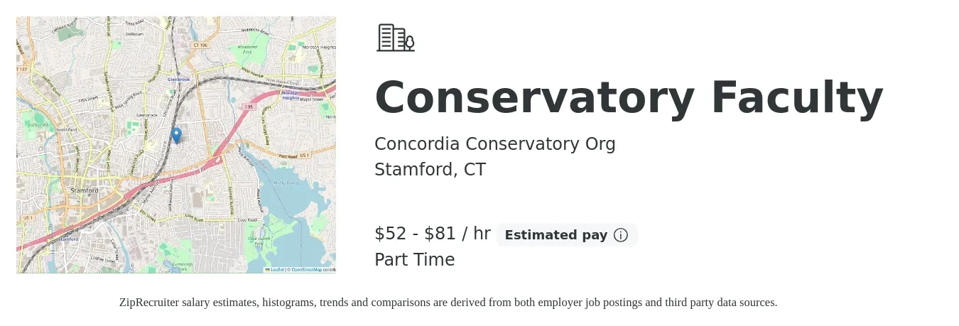 Concordia Conservatory Org job posting for a Conservatory Faculty in Stamford, CT with a salary of $55 to $85 Hourly with a map of Stamford location.