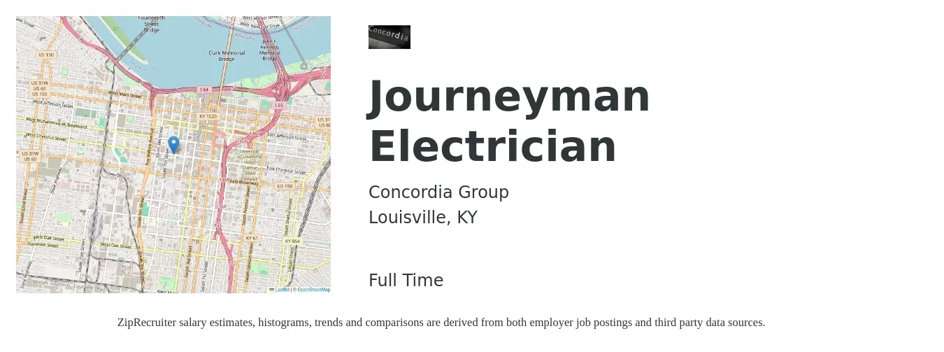 Concordia Group job posting for a Journeyman Electrician in Louisville, KY with a salary of $27 to $36 Hourly with a map of Louisville location.