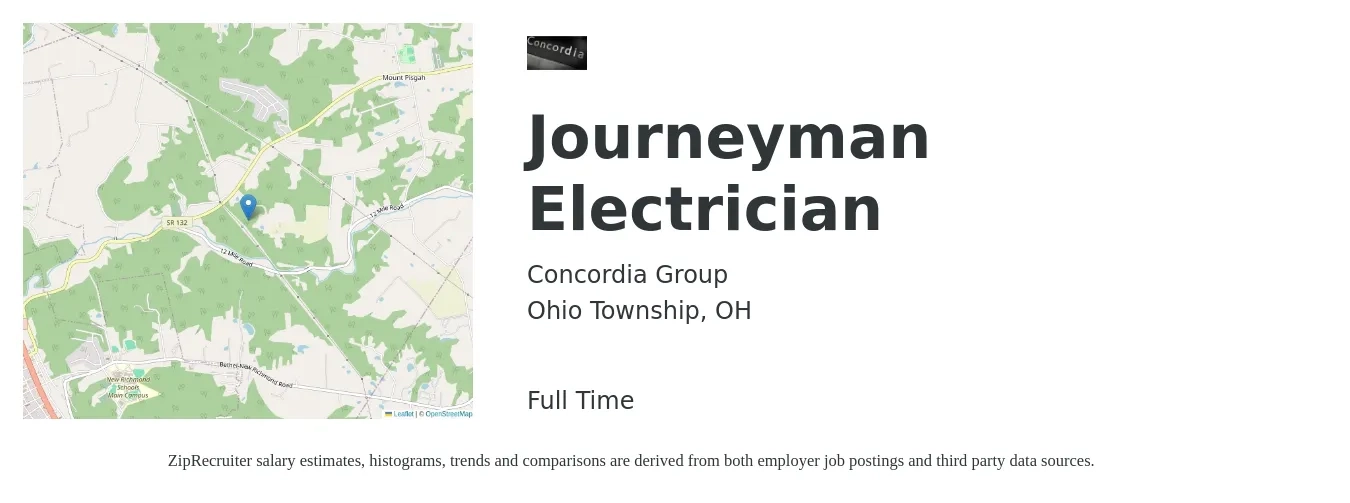 Concordia Group job posting for a Journeyman Electrician in Ohio Township, OH with a map of Ohio Township location.