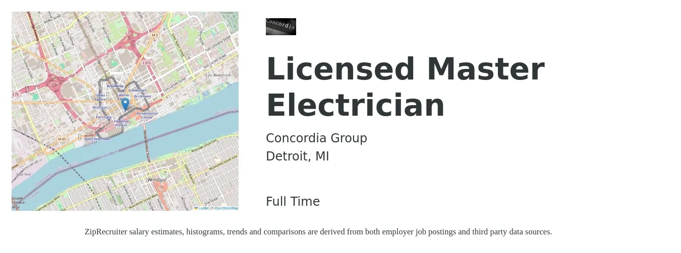 Concordia Group job posting for a Licensed Master Electrician in Detroit, MI with a salary of $30 to $44 Hourly with a map of Detroit location.