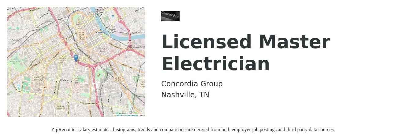 Concordia Group job posting for a Licensed Master Electrician in Nashville, TN with a salary of $29 to $44 Hourly with a map of Nashville location.