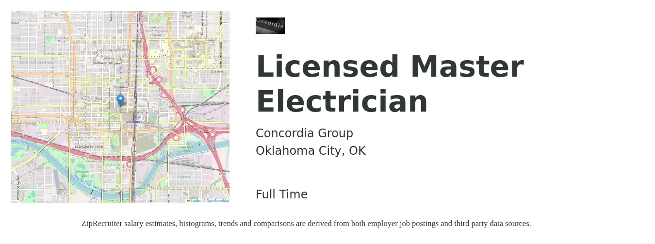 Concordia Group job posting for a Licensed Master Electrician in Oklahoma City, OK with a salary of $28 to $42 Hourly with a map of Oklahoma City location.