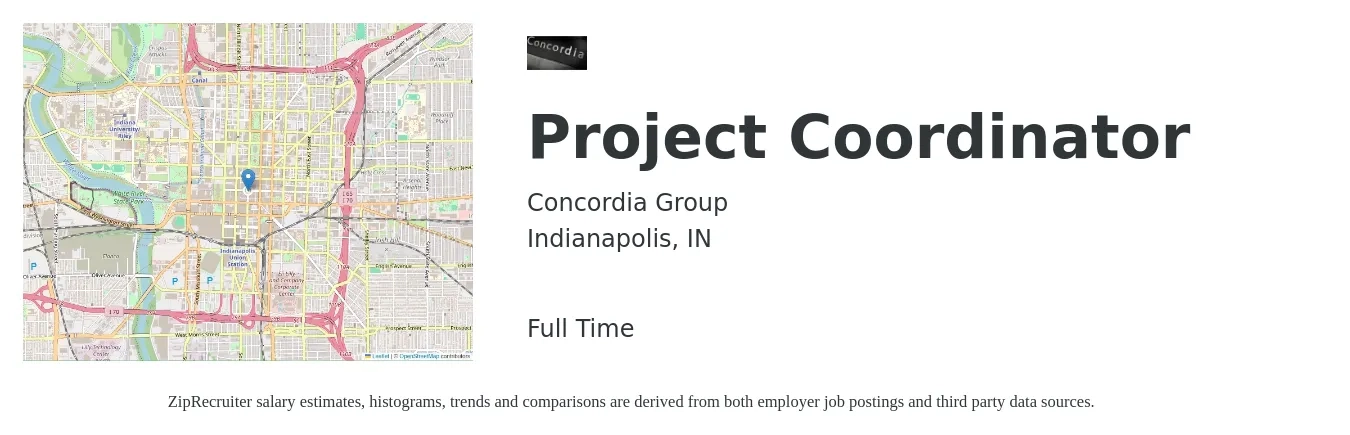 Concordia Group job posting for a Project Coordinator in Indianapolis, IN with a salary of $22 to $33 Hourly with a map of Indianapolis location.