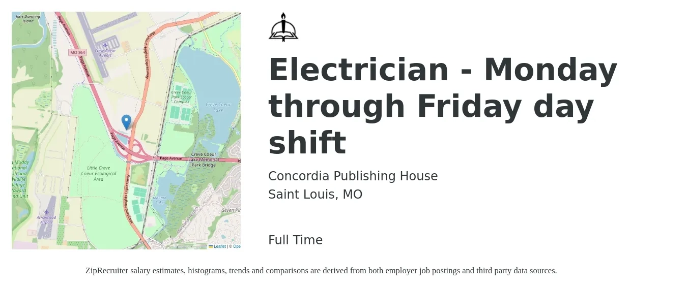 Concordia Publishing House job posting for a Electrician - Monday through Friday day shift in Saint Louis, MO with a salary of $24 to $32 Hourly with a map of Saint Louis location.