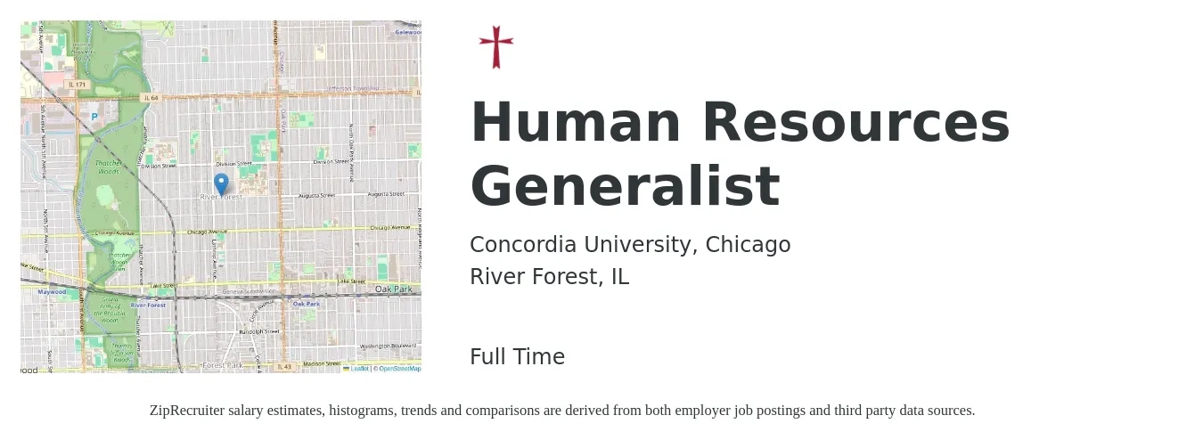 Concordia University, Chicago job posting for a Human Resources Generalist in River Forest, IL with a salary of $50,300 to $71,600 Yearly with a map of River Forest location.