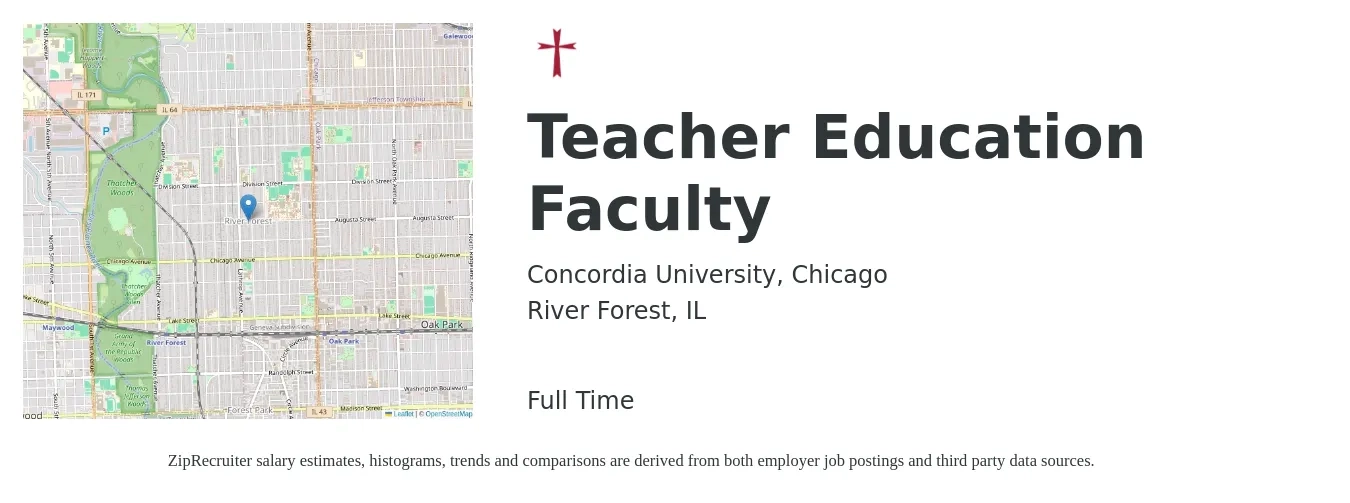 Concordia University, Chicago job posting for a Teacher Education Faculty in River Forest, IL with a map of River Forest location.