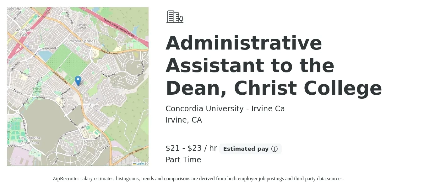 Concordia University - Irvine Ca job posting for a Administrative Assistant to the Dean, Christ College in Irvine, CA with a salary of $22 to $24 Hourly with a map of Irvine location.