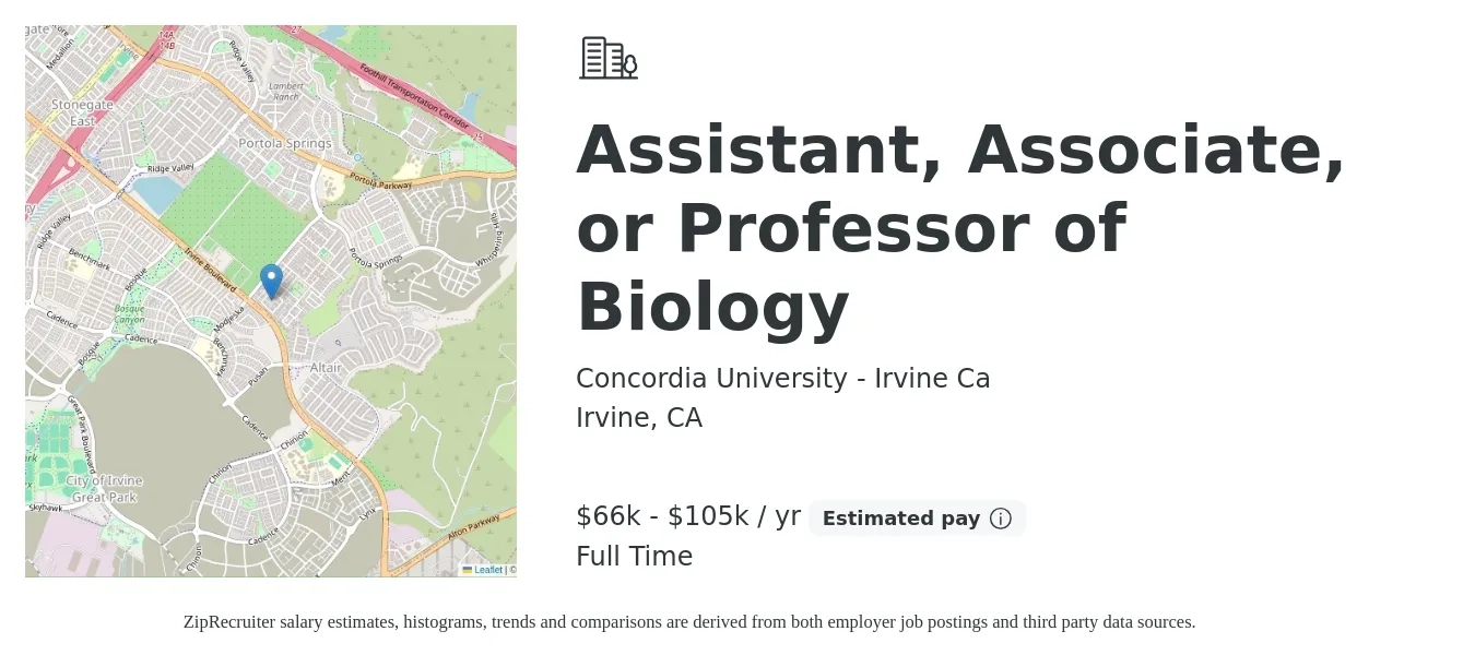 Concordia University - Irvine Ca job posting for a Assistant, Associate, or Professor of Biology in Irvine, CA with a salary of $66,560 to $105,000 Yearly with a map of Irvine location.